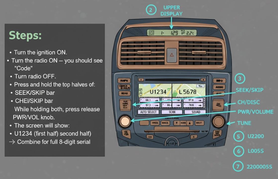 Honda Radio Code Serial Number Form Display without removing the radio hold SEEK-SKIP, CH-DISC, PWR-VOL buttons